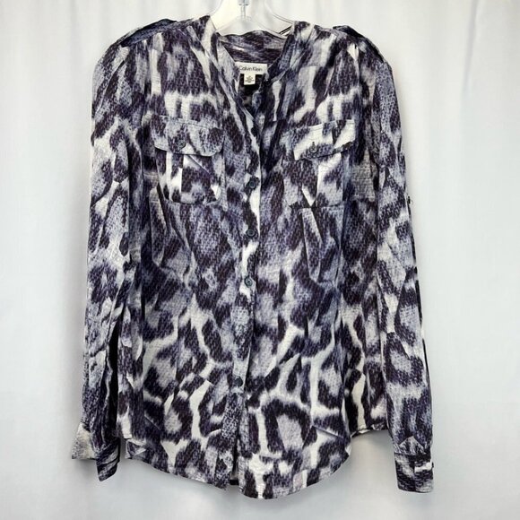 Calvin Klein Womens Button Front Shirt Multicolor Leopard Long Sleeve Pockets M - Picture 1 of 11